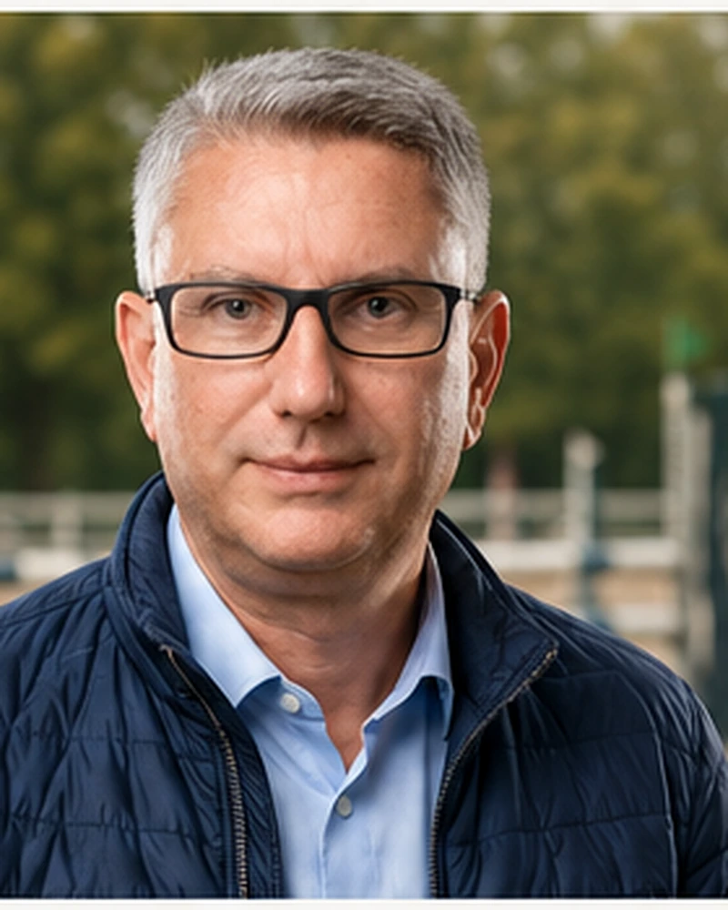KI-bearbeitetes Trainerporträt von Andrej Jackzentis vor einem Übungsplatz